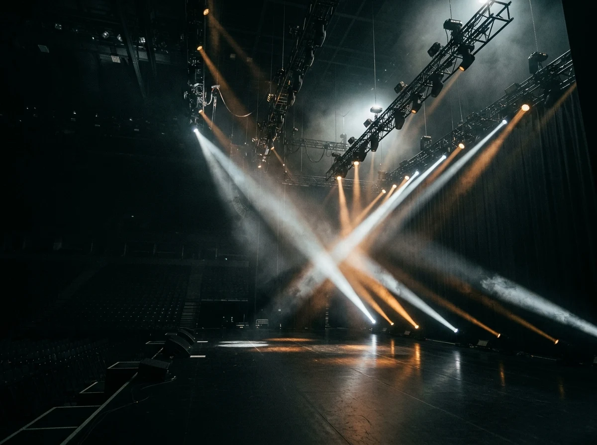 Live arena stage with dramatic concert lighting rigs and audio line arrays
